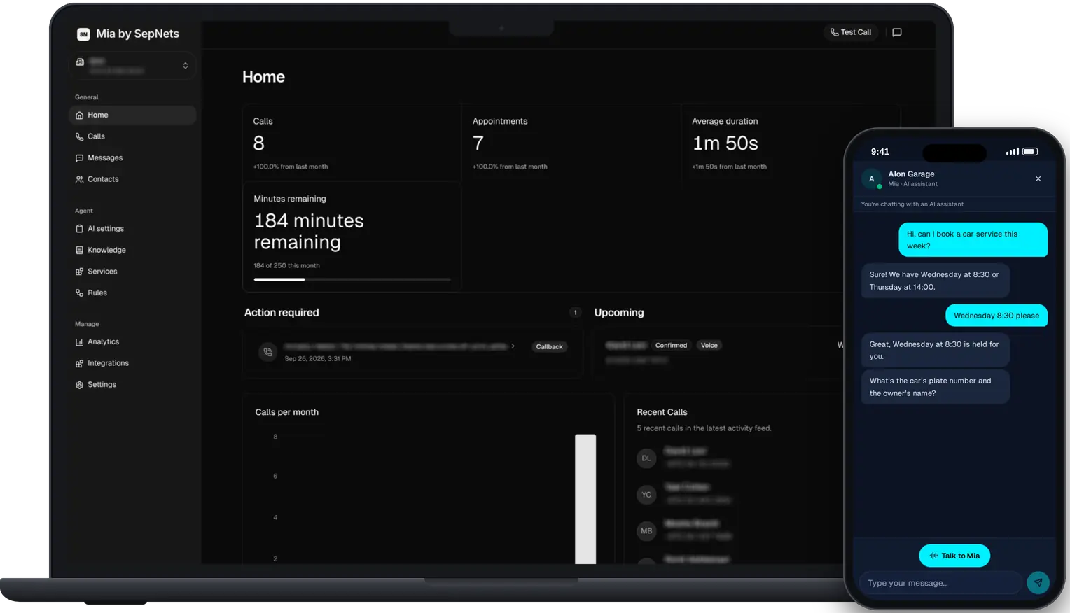 Mia on a laptop and a phone: the dashboard home with calls, appointments and minutes left, and the chat widget booking a car service