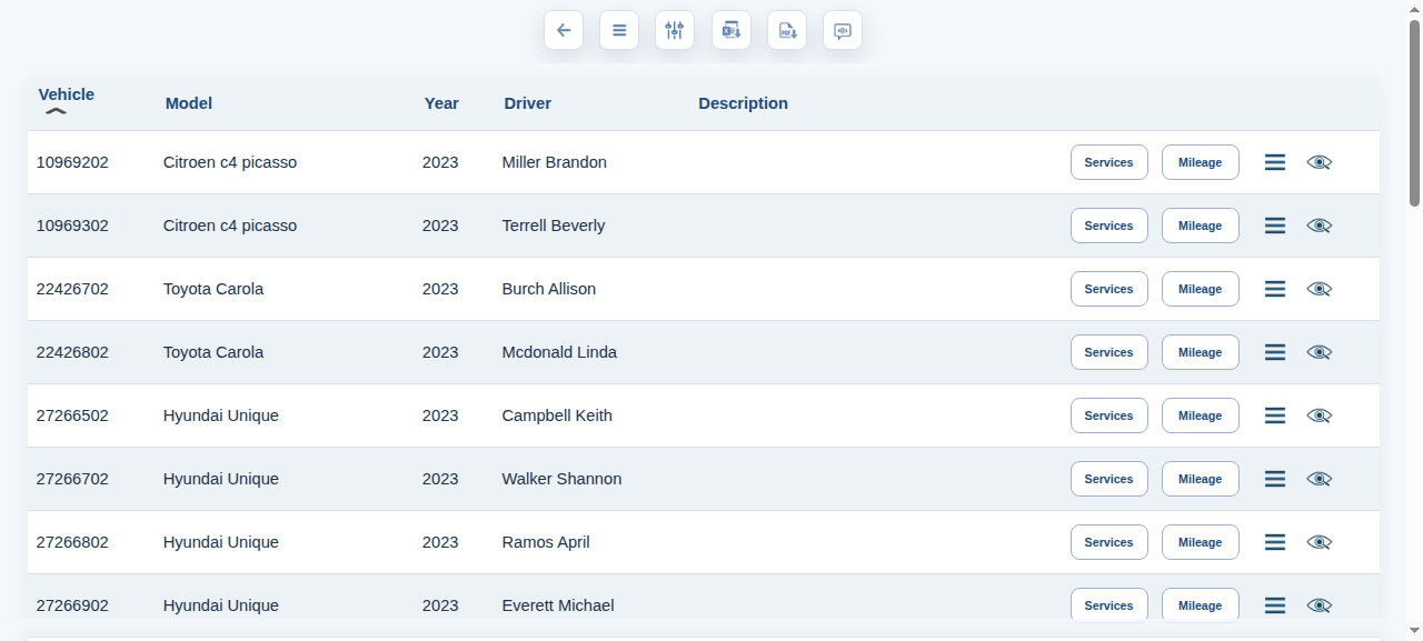 SepNets Demo Fleet vehicles screen, listing vehicle ID, model, year and assigned driver