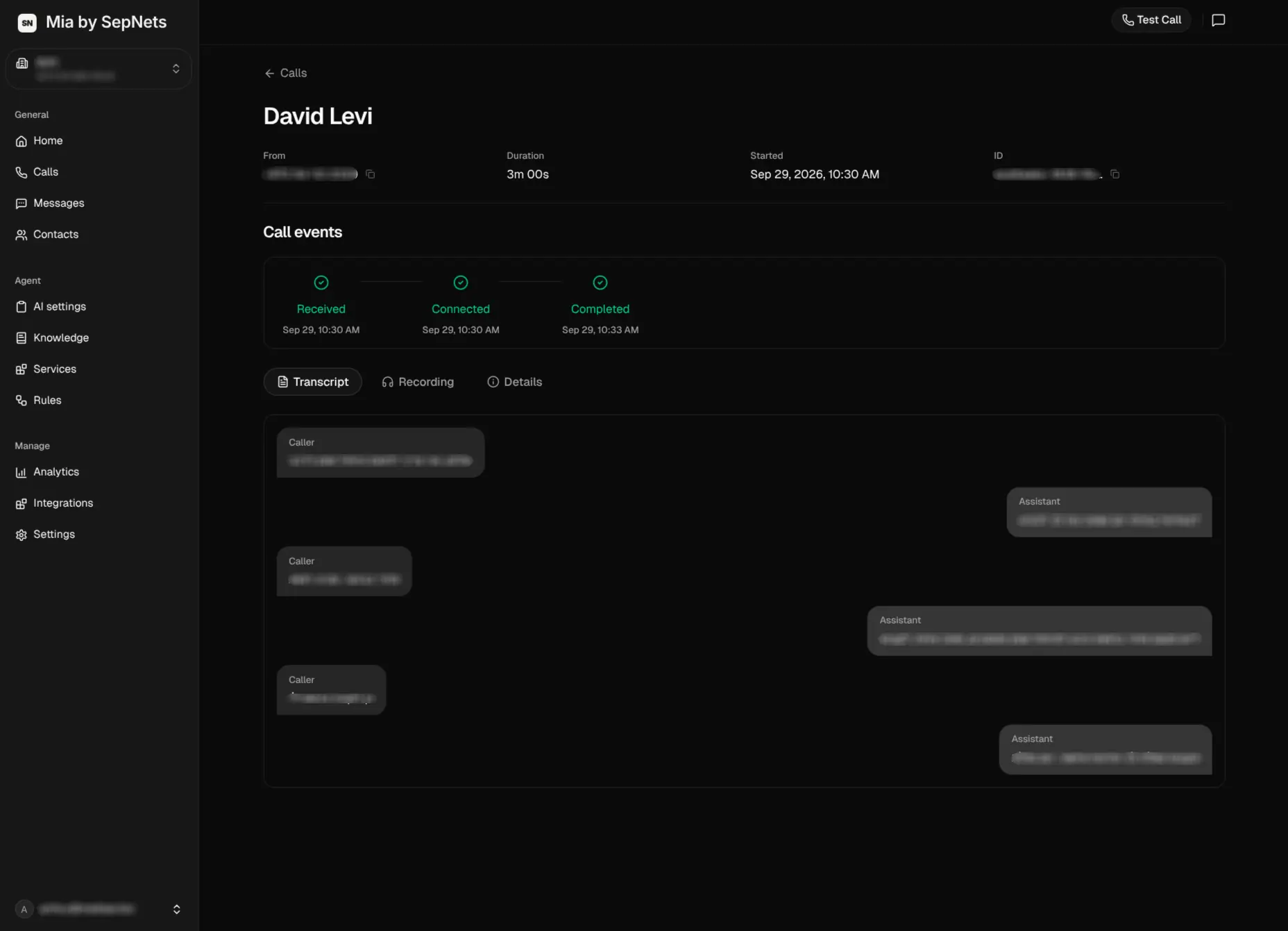 Call detail view: recording, transcript and AI summary