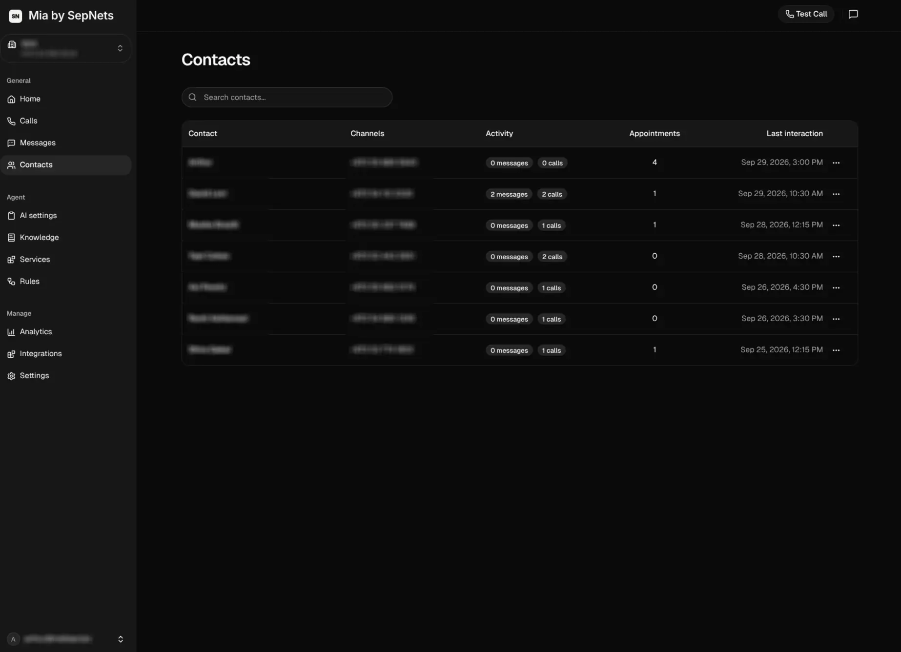 List of contacts captured from calls