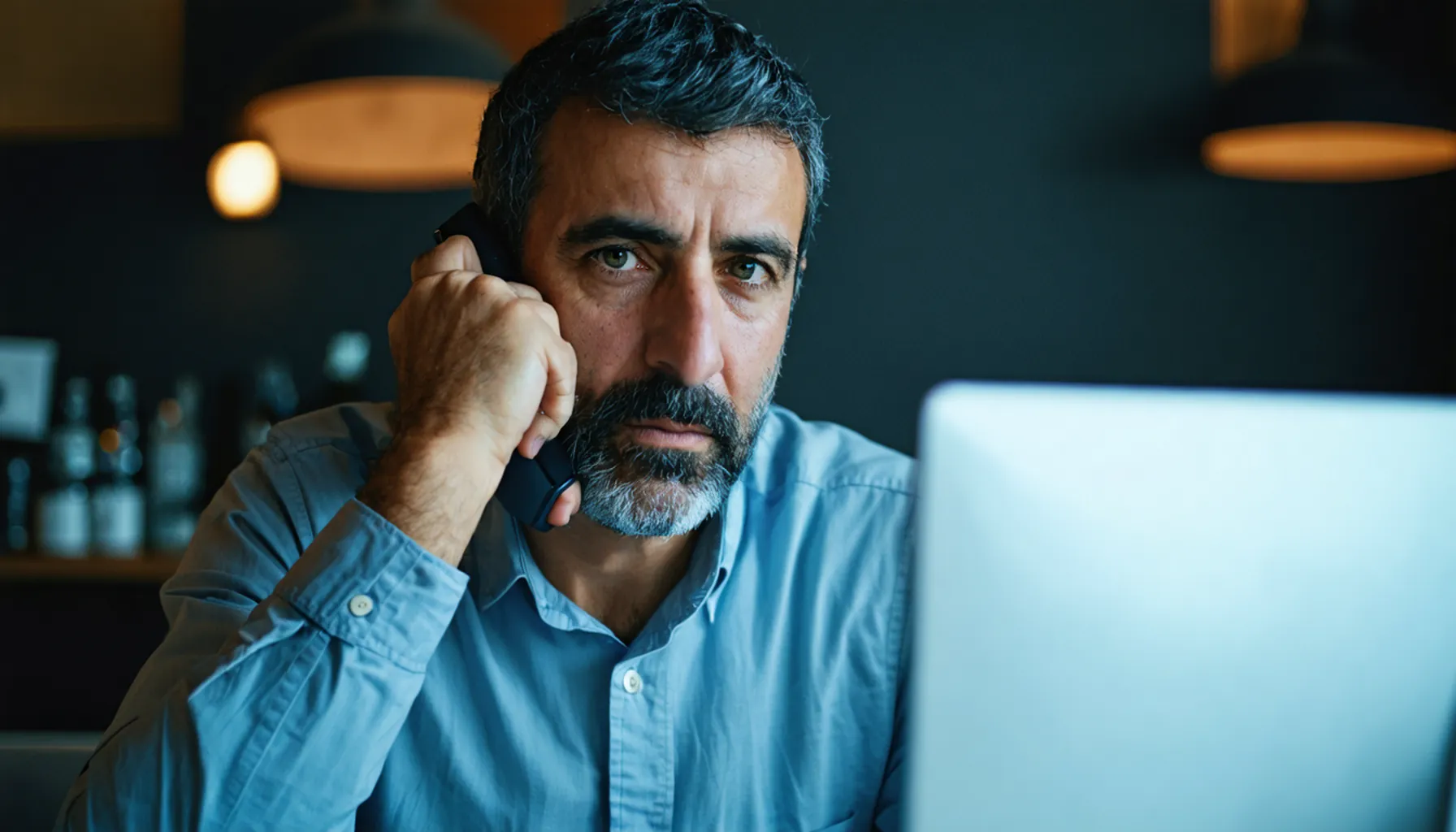 בעל עסק מדבר בטלפון ביד אחת בחדר כהה בשעות הערב, ועל השולחן מסך מחשב לבן ומואר